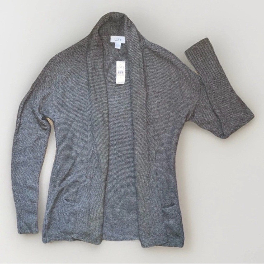 NWT LOFT Gray Open Front Chunky Knit Wool Blend Shawl Collar Cardigan Sweater LG